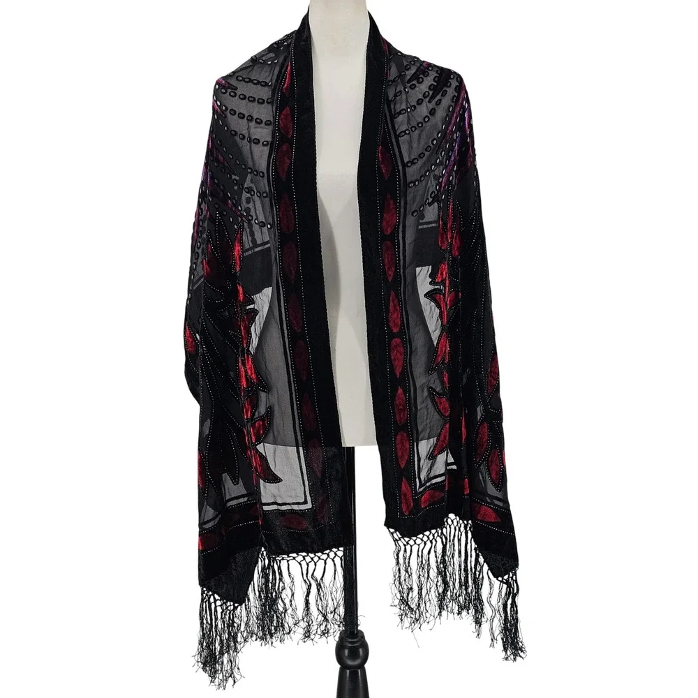 Silk Velvet Burnout Shawl Scarf OS Black Red Gothic Art Deco Flapper Fringe